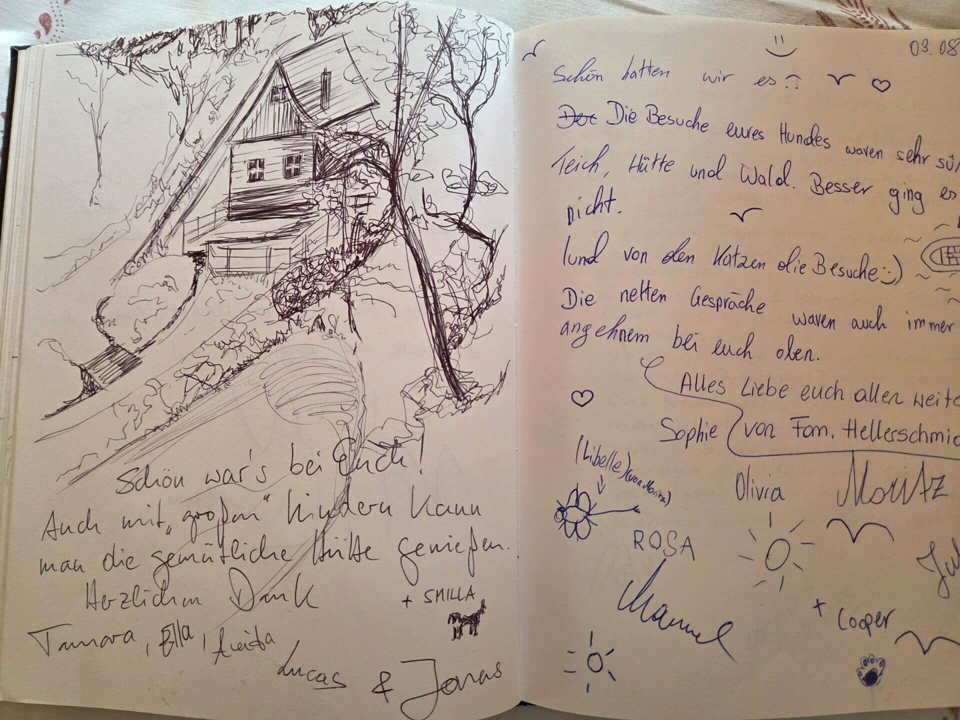 Toller Gästebucheintrag in der Mühlenhütte mit Zeichnung und liebevollen Worten, wie der Urlaub war.