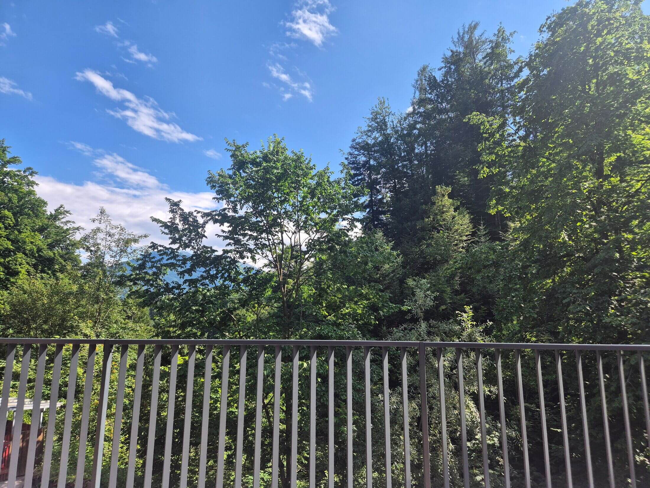 Die Terrasse auf der Pferdeheimat Ferienwohnung mit Blick ins Grüne und Berge.