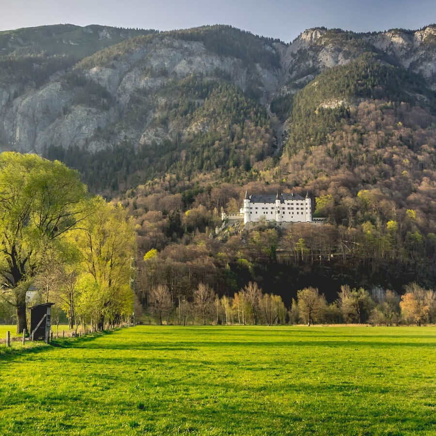 Das schöne Schloss Tratzberg zeigt sich von seiner schönsten Seite auf dem Berghang.