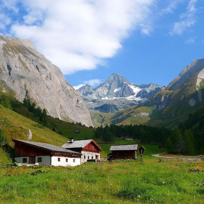 Auf der Alm den Blick auf die Bergkulisse genießen.